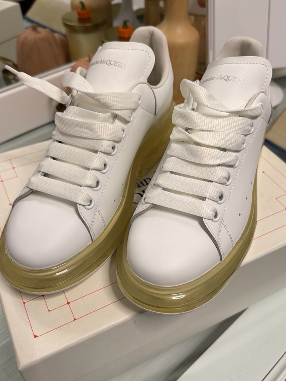 Alexander McQueen White Leather Platform Sneakers with Yellow-Tinted Sole